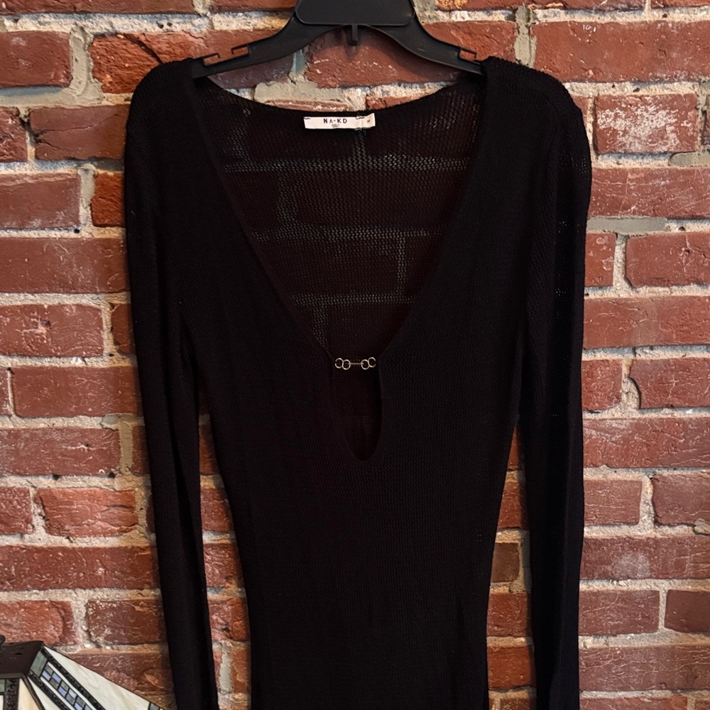 NA-KD Black Deep V Long Sleeve Knit Cover Up Dress
